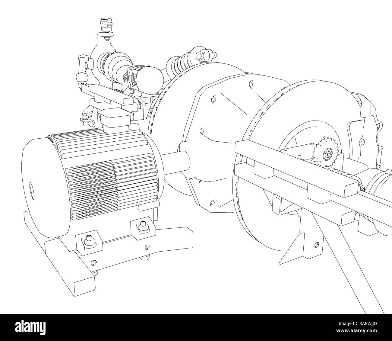 Un disegno di una macchina con uno schema di colori in bianco e nero. Il disegno è di una macchina con un motore e un ingranaggio Illustrazione Vettoriale