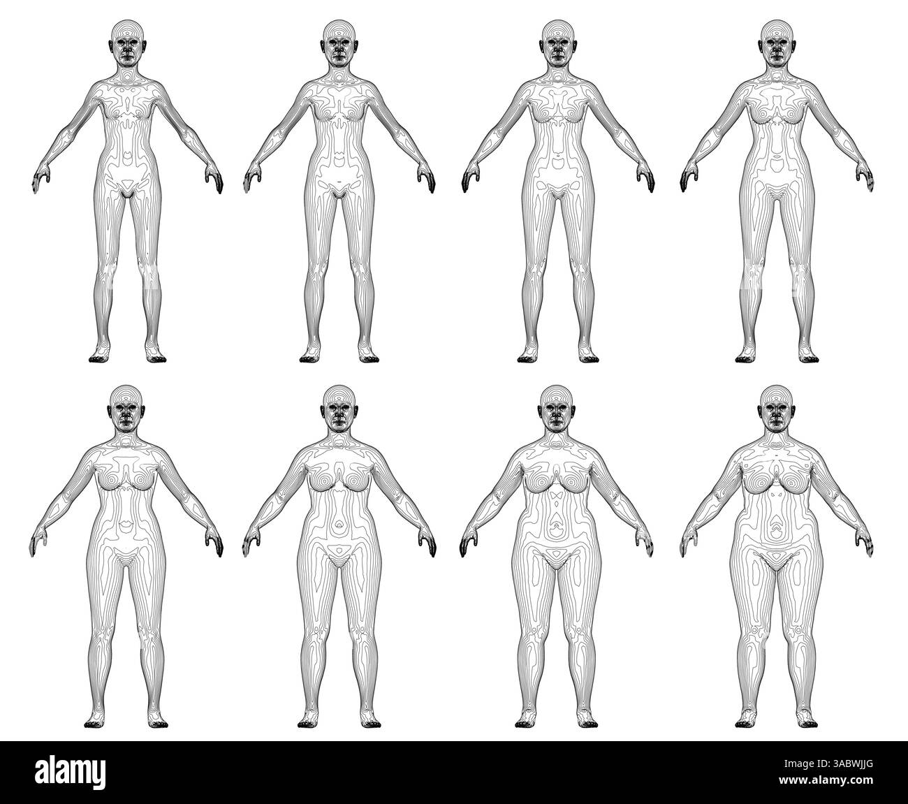 Una serie di disegni in bianco e nero di donne con diversi tipi di corpo. I disegni hanno tutte le stesse dimensioni e sono allineati l'uno accanto all'altro. Cen Illustrazione Vettoriale