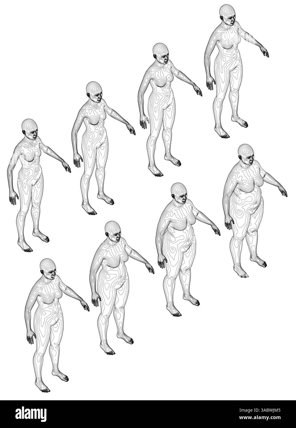 Una serie di figure femminili sono mostrate in una riga, ciascuna con un tipo di corpo diverso. Da sottile a sovrappeso. Vista isometrica. 3D. Illustrazione Vettoriale