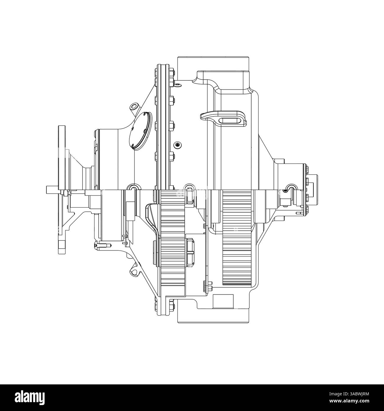 Un disegno del motore di un'auto con molti dettagli. Il motore fa parte di una macchina più grande Illustrazione Vettoriale