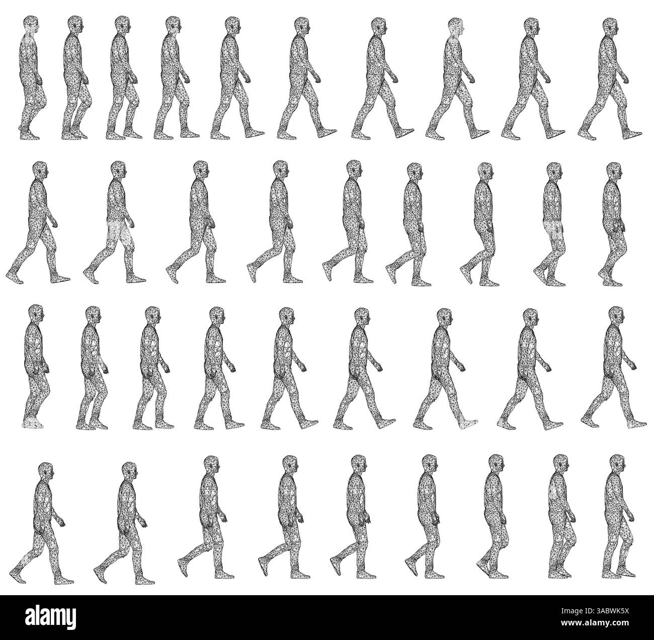 Una serie di immagini in bianco e nero di persone che camminano. Le immagini sono visualizzate in una riga e hanno tutte le stesse dimensioni. Vista laterale. Illustrazione Vettoriale