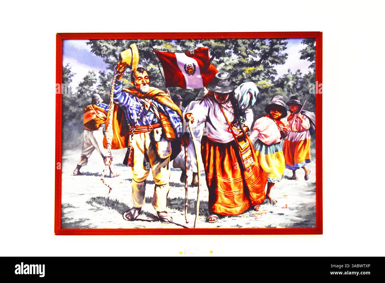 Pittura su tela di persone che ballano danze tradizionali di Ayacucho, con costumi colorati e movimenti vibranti, catturando la cultura peruviana. Foto Stock