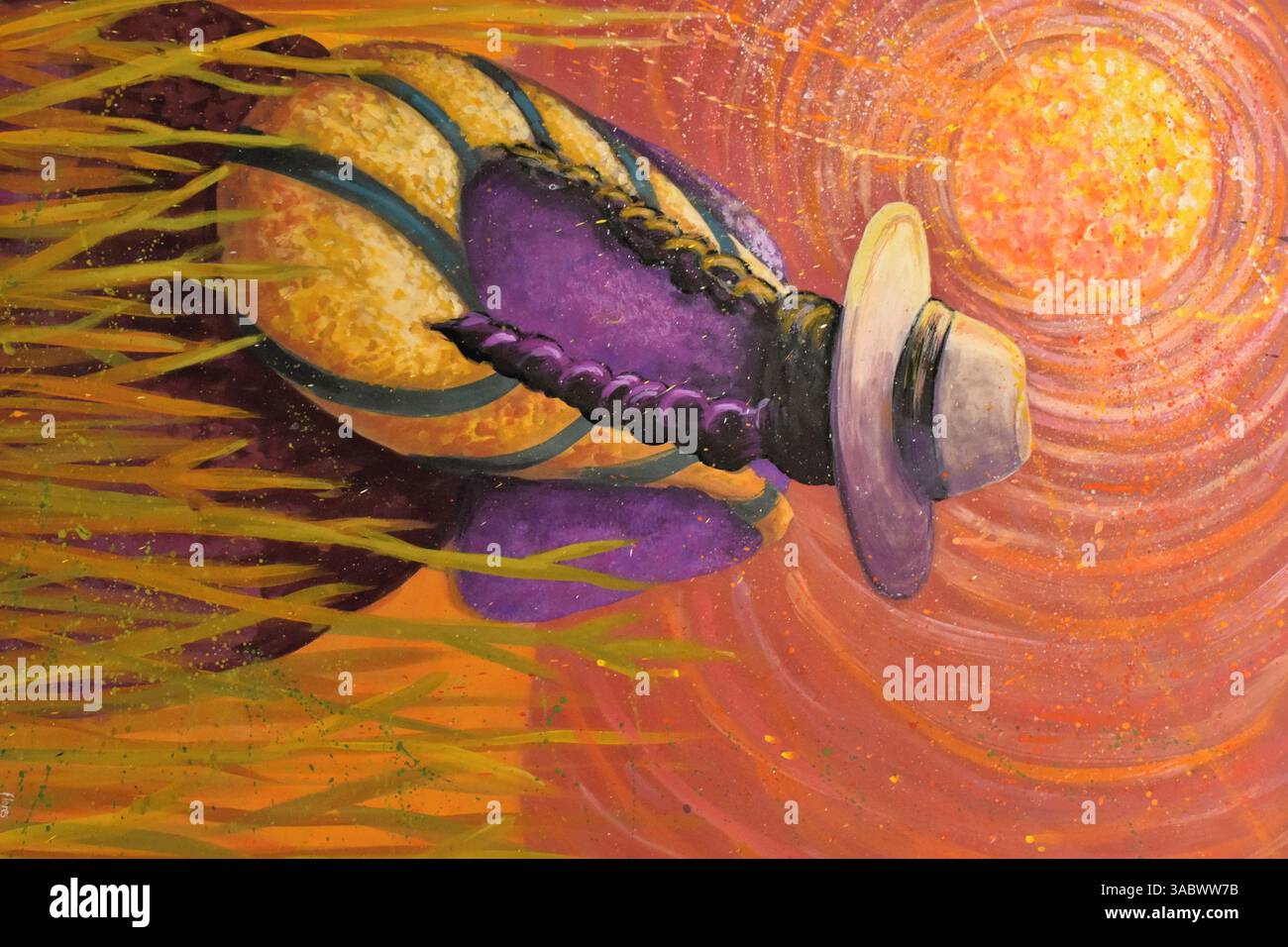 Pittura su tela di persone che ballano danze tradizionali di Ayacucho, con costumi colorati e movimenti vibranti, catturando la cultura peruviana. Foto Stock