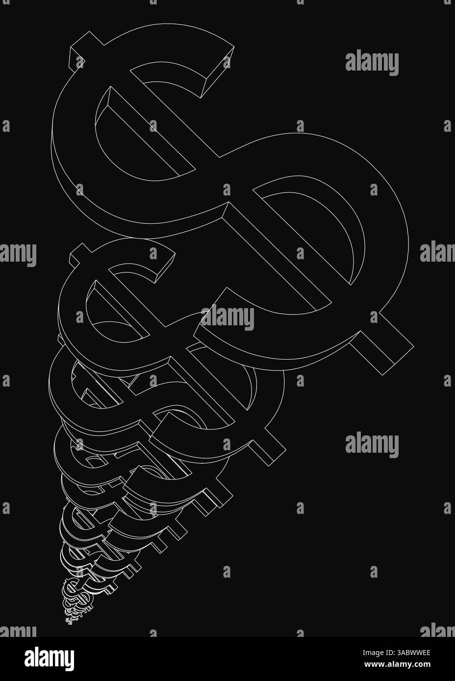 Una serie di segni del dollaro sono mostrati in bianco e nero. I segni del dollaro sono disposti in una spirale, con alcuni che si sovrappongono. Contorno Illustrazione Vettoriale