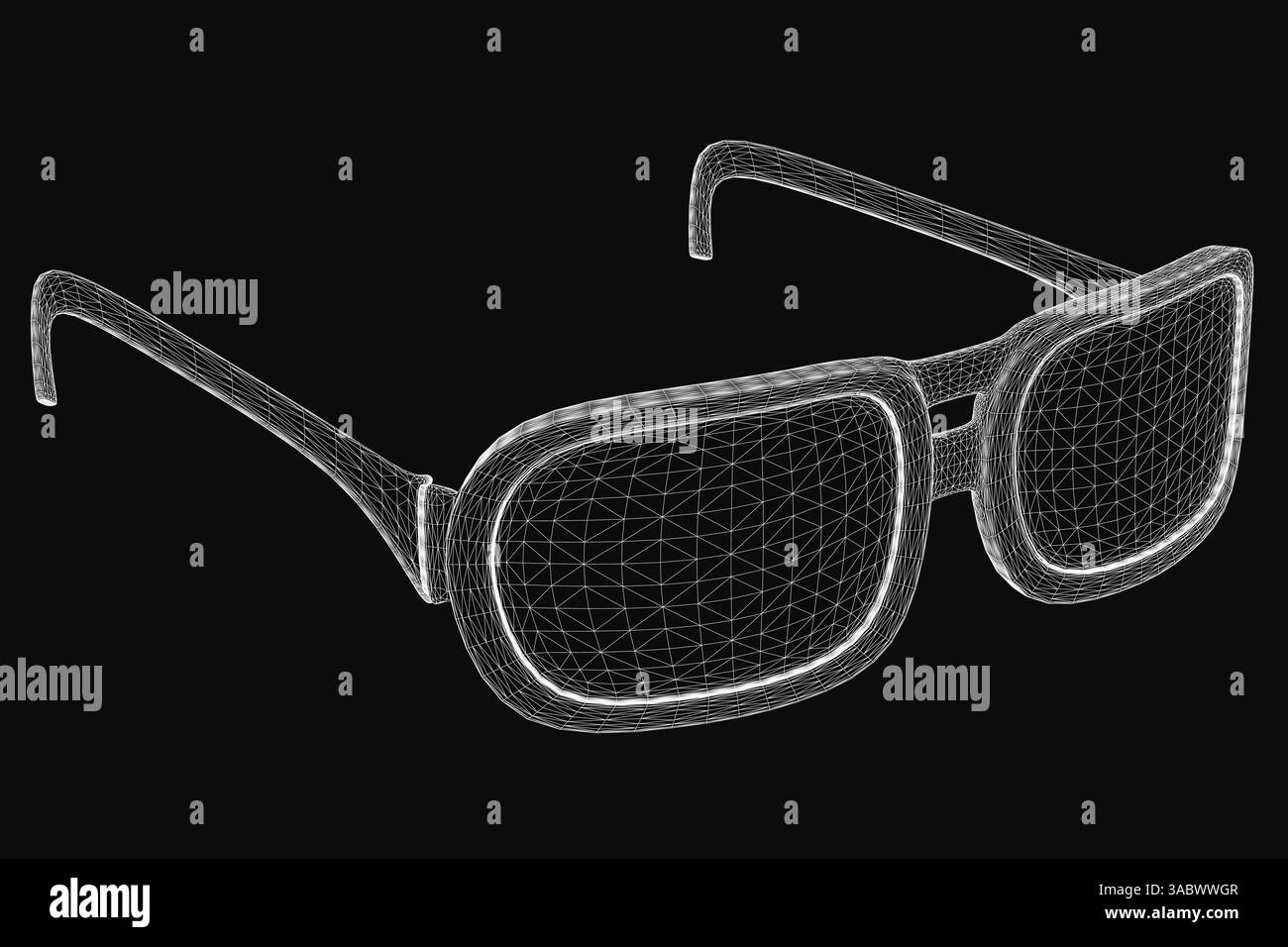 Un paio di occhiali con sfondo nero. Gli occhiali sono sfocati e pixelati, dando l'impressione di un rendering digitale. La scena è piuttosto astr Illustrazione Vettoriale