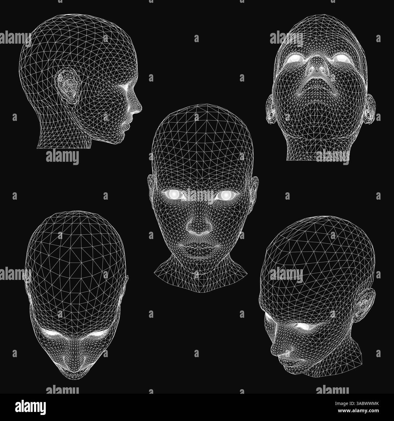 Una serie di immagini in bianco e nero di volti con un motivo a griglia. Le facce hanno dimensioni e angoli diversi, ma hanno tutti un aspetto simile. La o Illustrazione Vettoriale