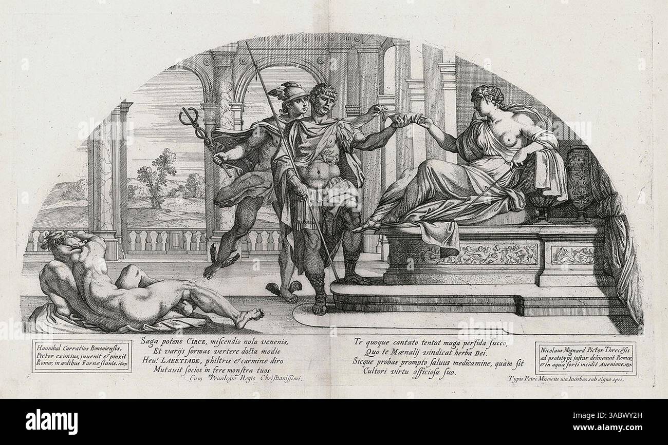 Un affresco del XVII secolo di Circe e Ulisse di Nicolas Mignard Foto Stock