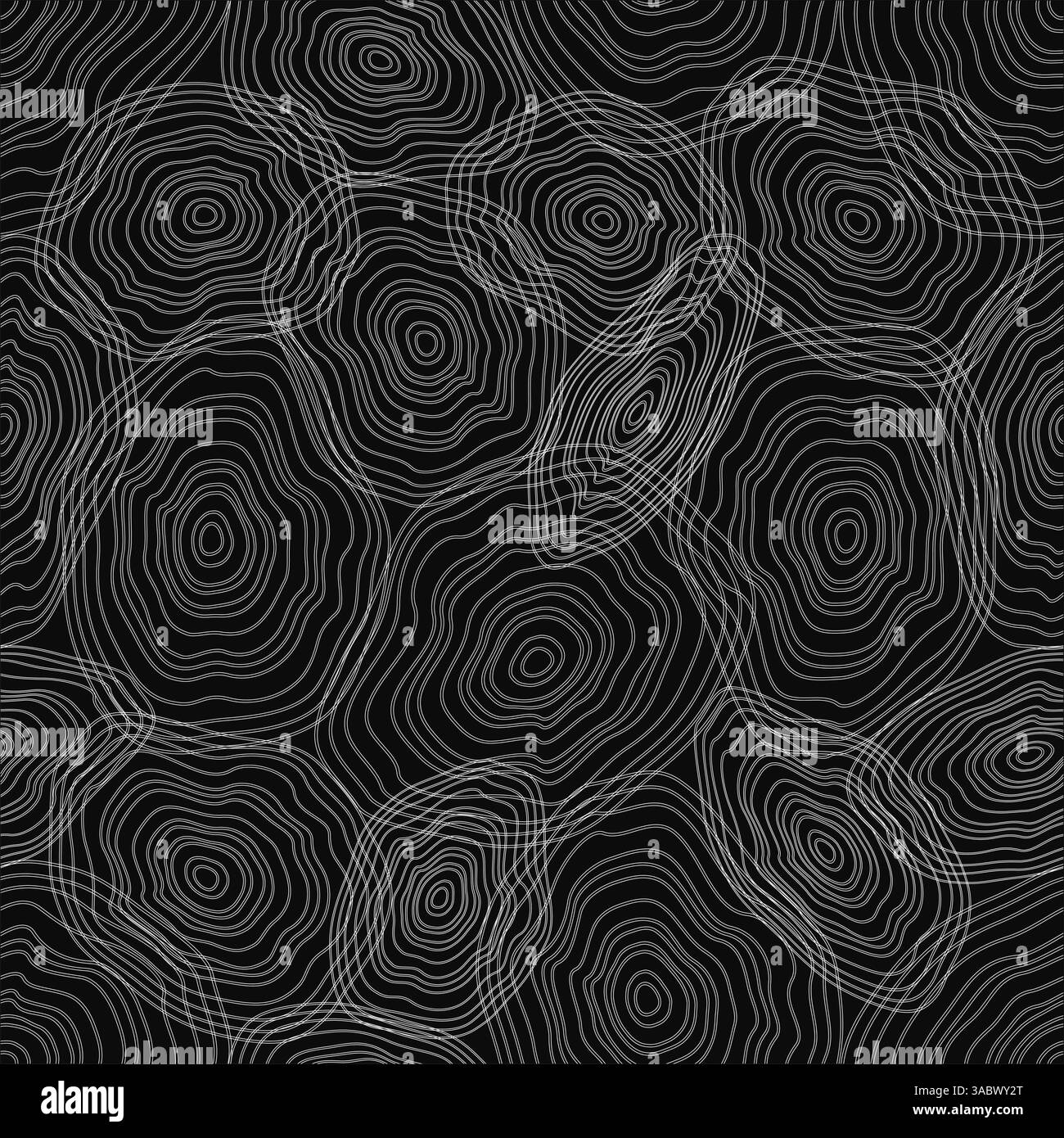 Un'immagine in bianco e nero di cerchi e linee. I cerchi sono di dimensioni variabili e disposti in una ripetizione. L'immagine ha un senso di movimento e di en Illustrazione Vettoriale