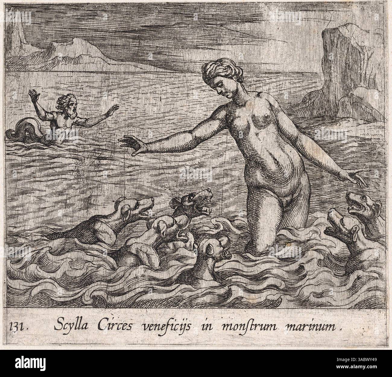 Circe che crea il mostro scilla. Circe era la maga sull'isola di Eea e che divenne l'amante di Ulisse nel suo lungo viaggio a casa di Itaca da Troia dopo le guerre di Troia. Scilla era un mostro marino che, insieme a Charybdis, sorvegliava uno stretto vicino all'isola di Eea di Circe. I marinai che desideravano passare lo stretto rischiavano di essere mangiati da Scilla o ingoiati interi da Charybdis. Foto Stock