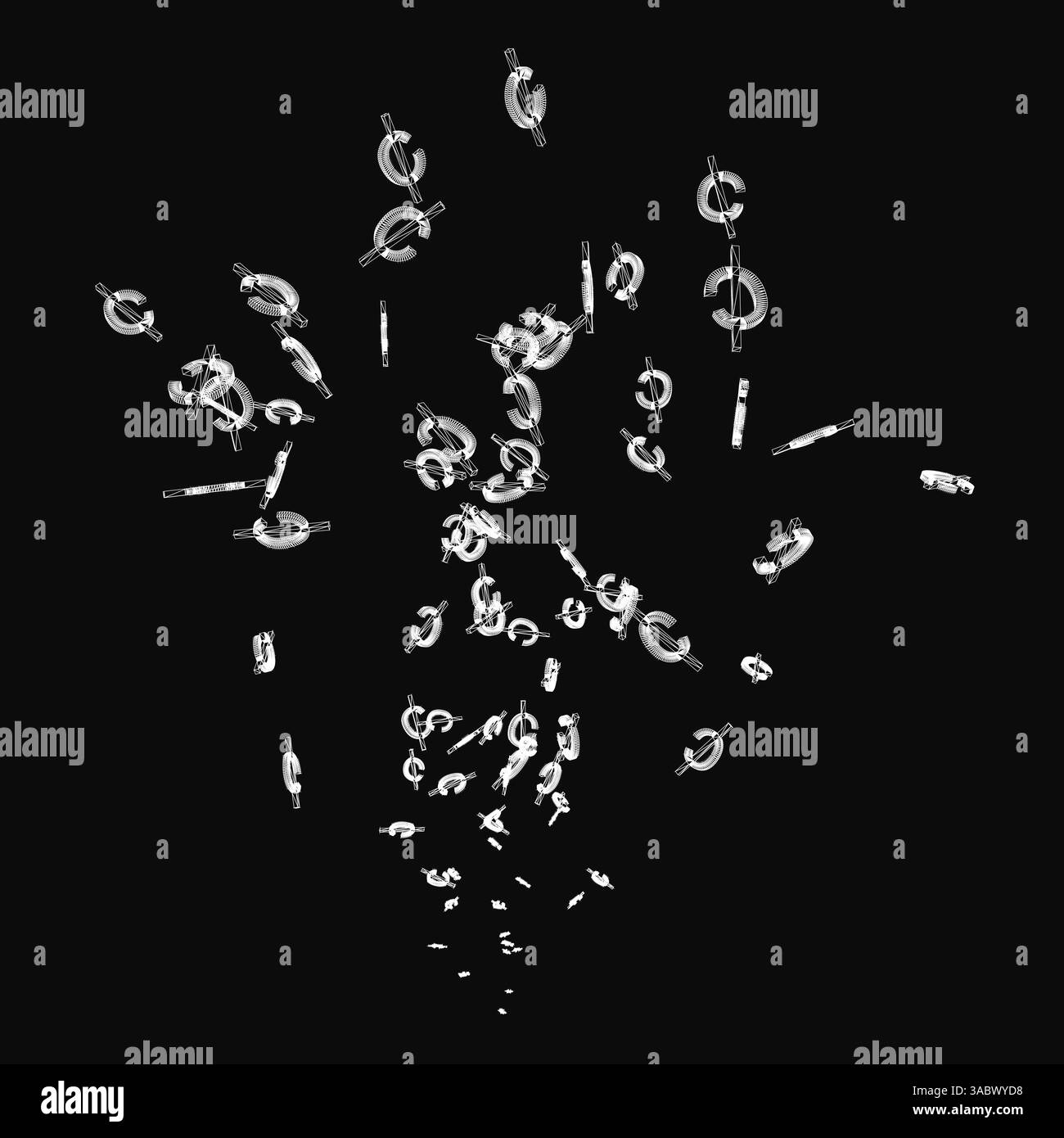 Un'immagine in bianco e nero di una mano con molti piccoli cerchi che cadono da essa. I cerchi hanno dimensioni diverse e sono sparsi in tutta l'immagine. Illustrazione Vettoriale