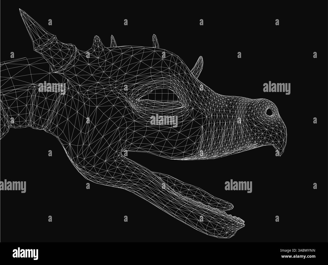 La testa di un drago è mostrata in bianco e nero. L'immagine è un rendering generato dal computer della faccia di un drago. La testa del drago è mostrata in un Illustrazione Vettoriale