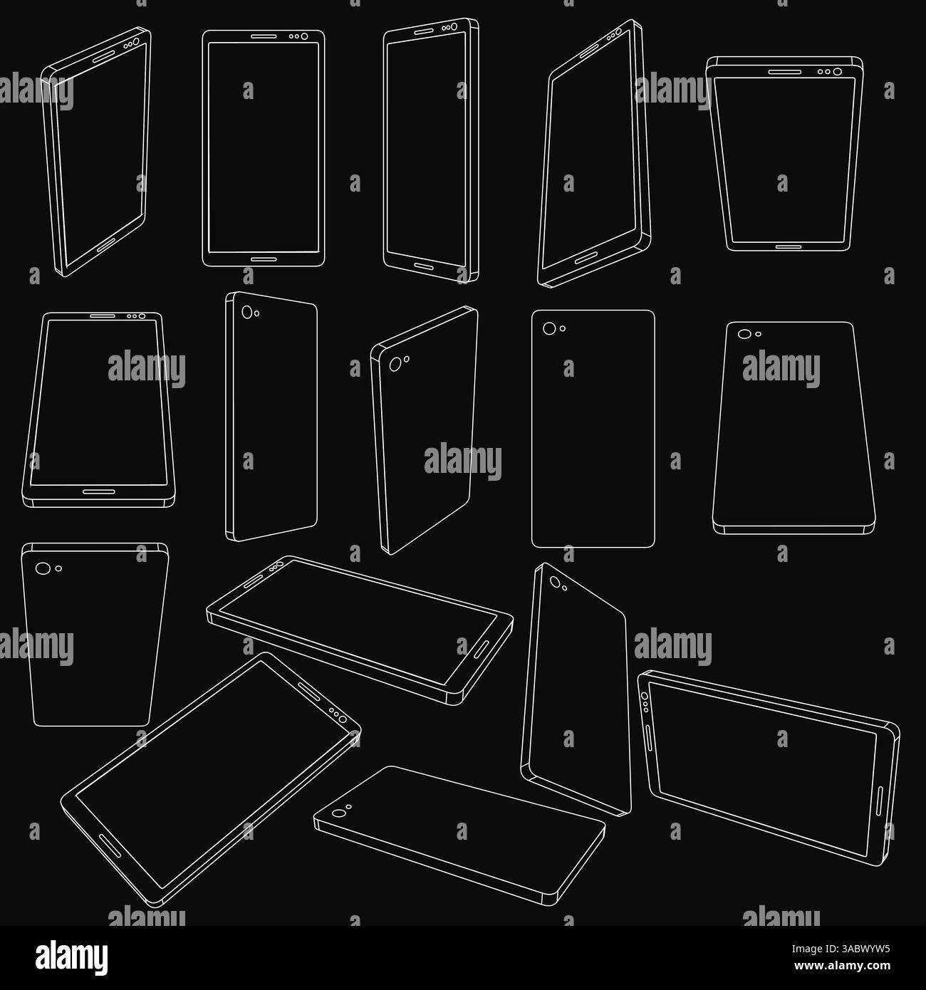 Una serie di immagini del telefono viene visualizzata in bianco e nero. Le immagini hanno dimensioni e angoli diversi, ma hanno tutte la stessa forma di base Illustrazione Vettoriale