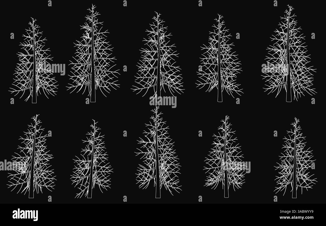 Una serie di alberi sono disegnati in bianco e nero. Gli alberi sono tutti della stessa dimensione e forma, e sono tutti in piedi. Gli alberi sono disposti io Illustrazione Vettoriale