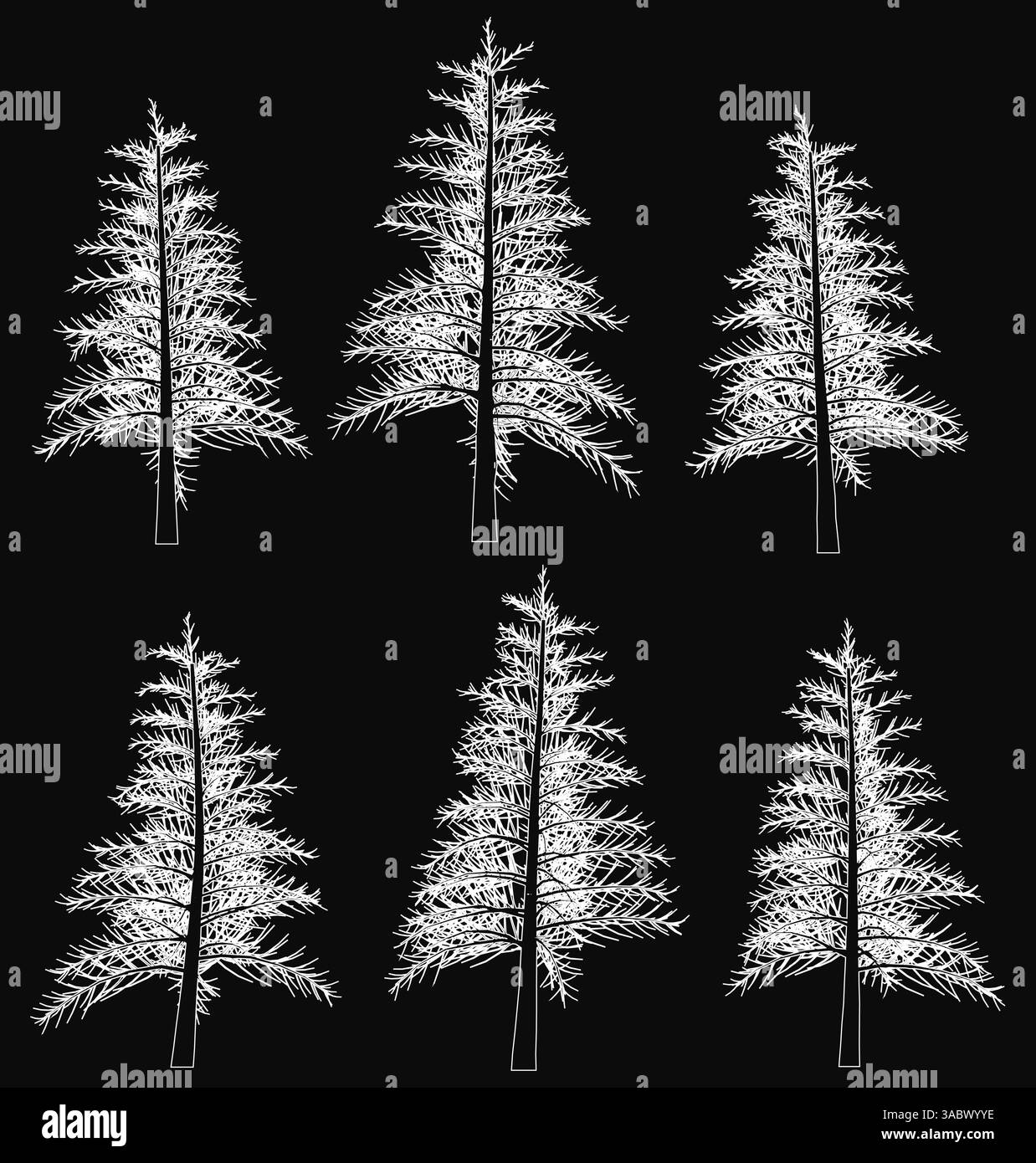 Una serie di sei alberi sono disegnati in bianco e nero. Gli alberi sono tutti della stessa dimensione e forma, e sono tutti in piedi. Gli alberi sono organizzati Illustrazione Vettoriale