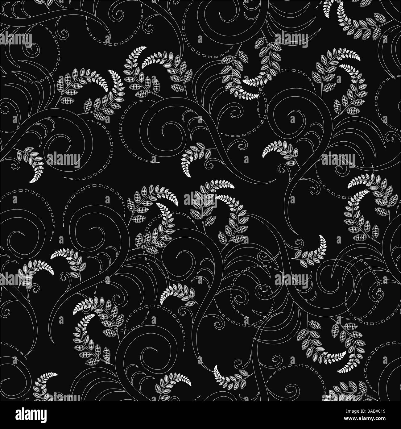 Sfondo a motivi floreali bianco e nero con fiori bianchi. I fiori sono disposti a spirale e sparsi per tutto il dorso Illustrazione Vettoriale