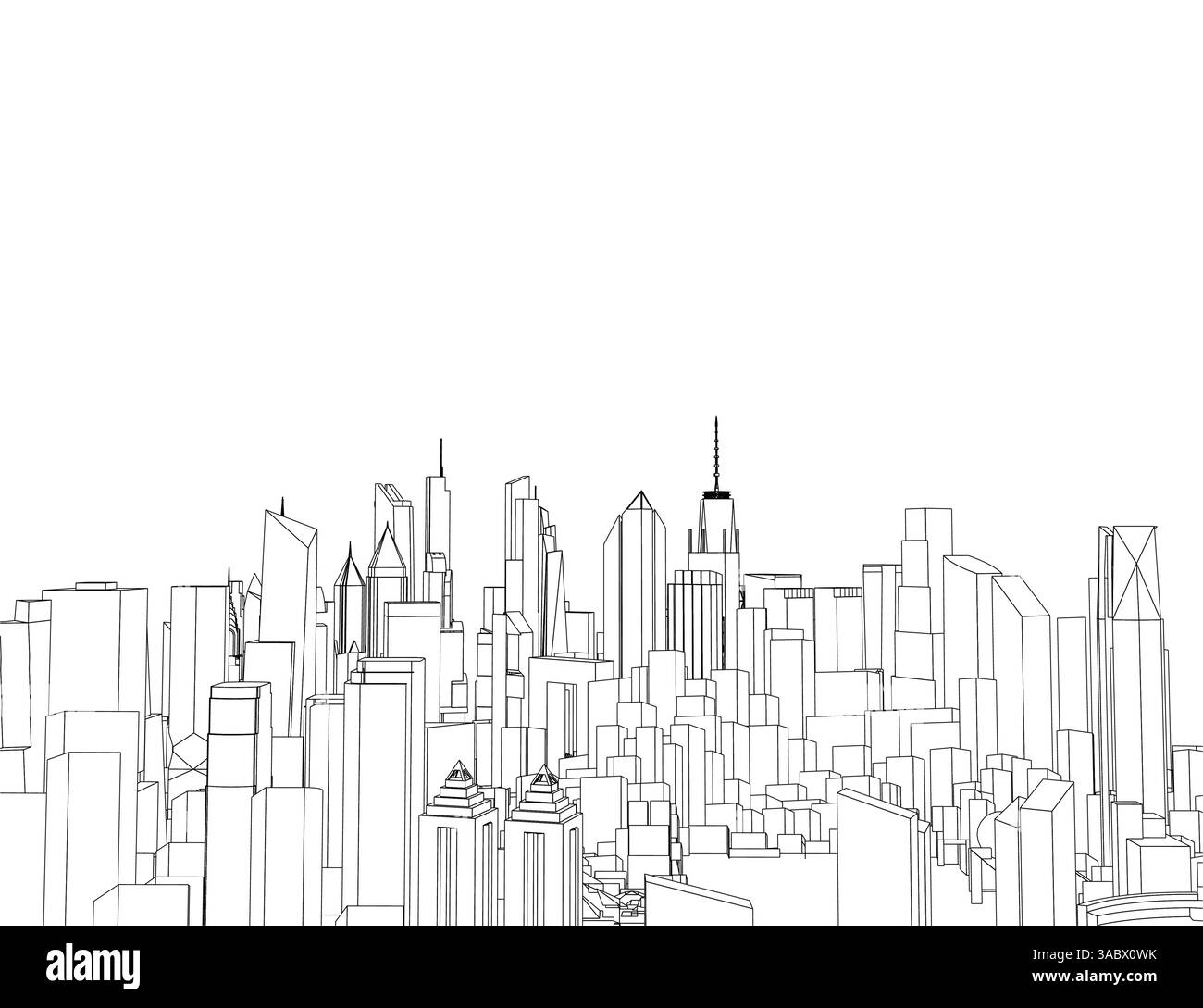 Lo skyline della città è disegnato in bianco e nero. Gli edifici sono alti e il cielo è limpido Illustrazione Vettoriale