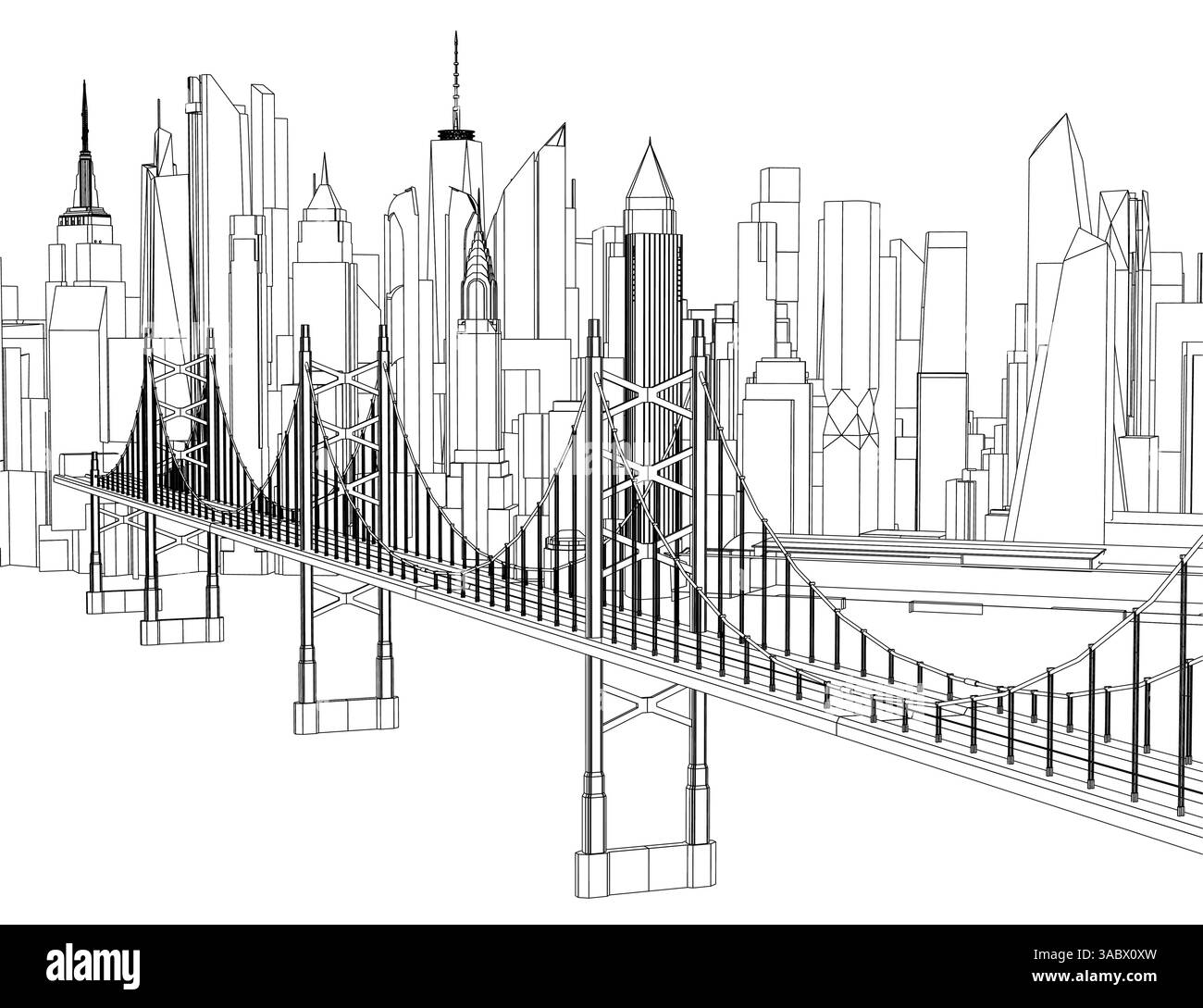Uno skyline cittadino con un ponte al centro. Il ponte è un ponte sospeso con un grande arco. La città è piena di edifici alti e il ponte lo è Illustrazione Vettoriale