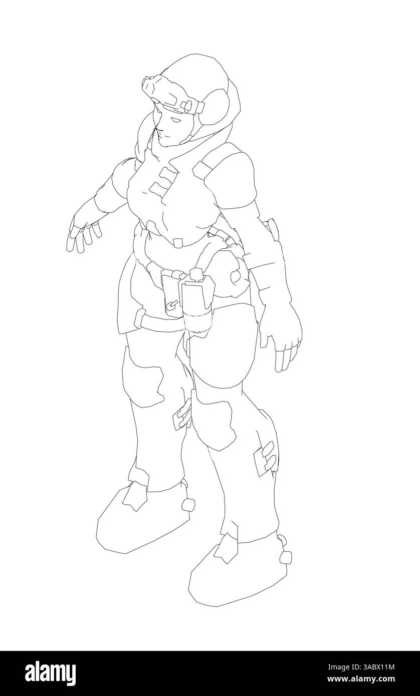 Una donna in uniforme militare si trova di fronte a uno sfondo bianco. Indossa un casco e uno zaino Illustrazione Vettoriale