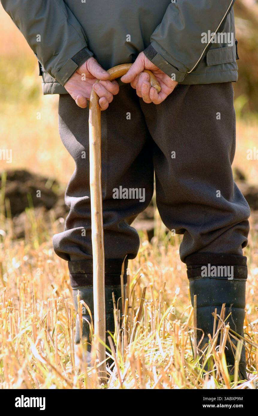 12 agosto 2007 - Moynalty, Kells, County Meath, Irlanda - nella foto dell'Annual Moynalty Steam Threshing Festival è un uomo che si riposa sul suo bastone da passeggio. Celebrazione dei giorni passati, della potenza dei cavalli e del vapore, delle auto d'epoca, dei trattori, delle macchine trainate da cavalli, dei motori a olio, bancarelle commerciali, artigianato, fiera del divertimento, spettacoli collaterali, musica e balli. Il paese che vive in anni passati è presentato in modo unico e riproposto in una serie di dimostrazioni e mostre. (Immagine di credito: © Barry Cronin/ZUMA Press) Foto Stock