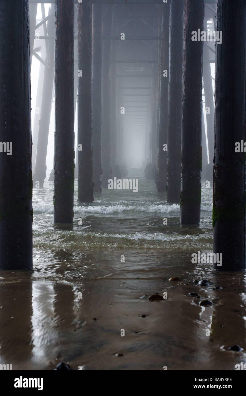 Serena e nebbiosa scena sotto il molo municipale di Oceanside, con colonne di legno intemperie e dolci onde all'alba. Foto Stock
