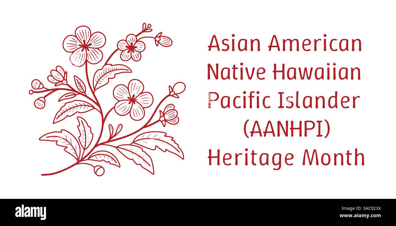 Banner vettoriale del mese asiatico-americano, Pacific Islander Heritage con sagoma del ramo di fiori asiatico disegnata a mano. Biglietto d'auguri, stampa AAPI Illustrazione Vettoriale