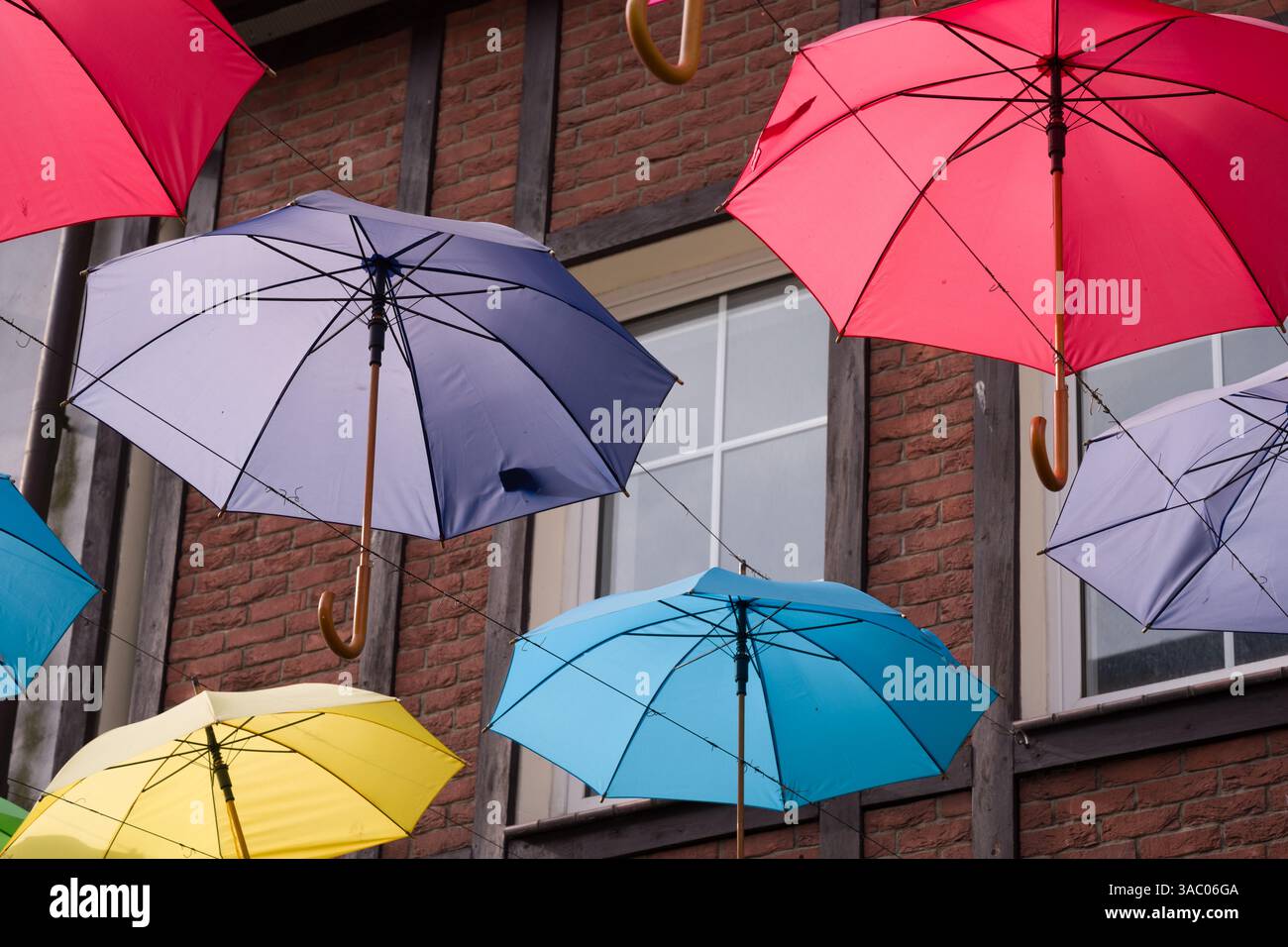 Ombrelli colorati appesi come installazione Street Art Foto Stock