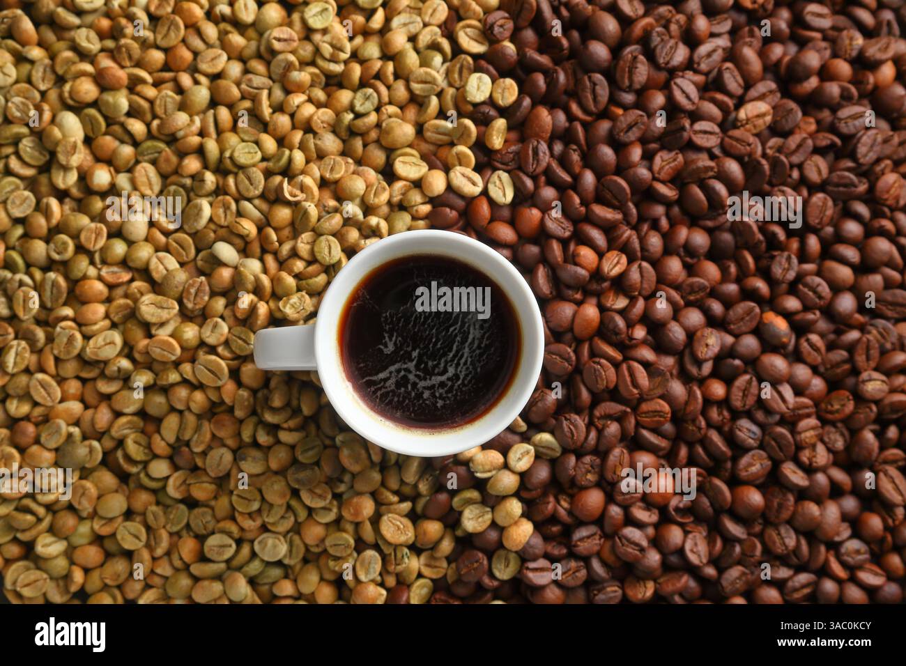 Vista dall'alto di una tazza di caffè espresso nero su uno sfondo di chicchi di caffè crudi e tostati in un ambiente artistico. Foto Stock