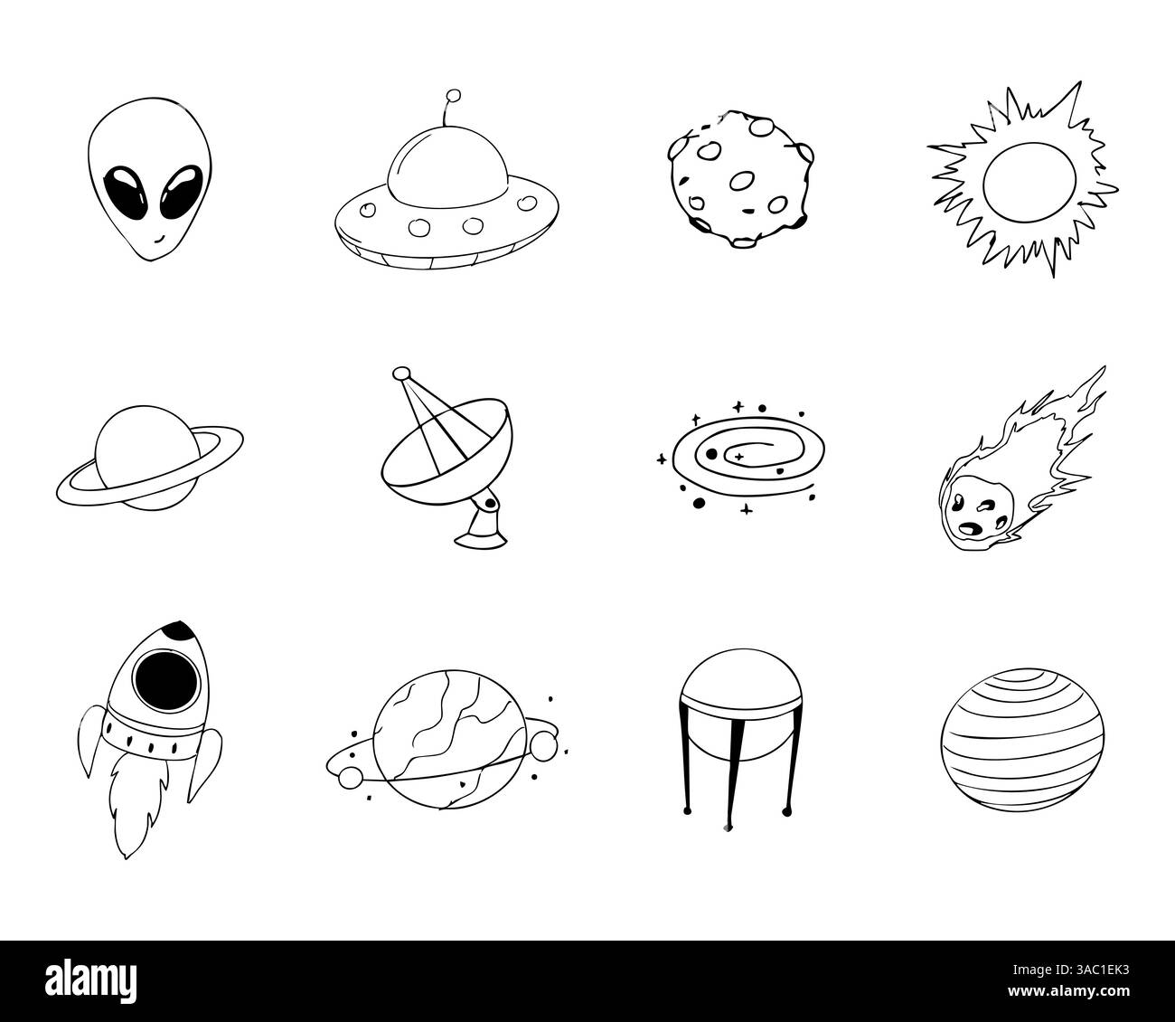 Set di spazi con alieni, meteore, pianeti e linee spaziali disegnate a mano. Imposta elementi cosmici scarabocchi. Illustrazione vettoriale Illustrazione Vettoriale