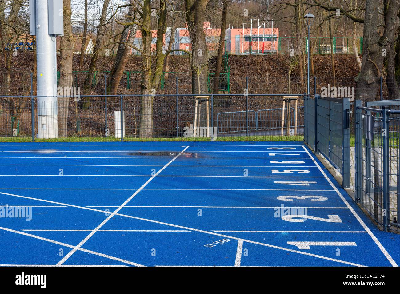 Posizione di partenza per i corridori con tapis roulant numerati nello stadio. Foto Stock
