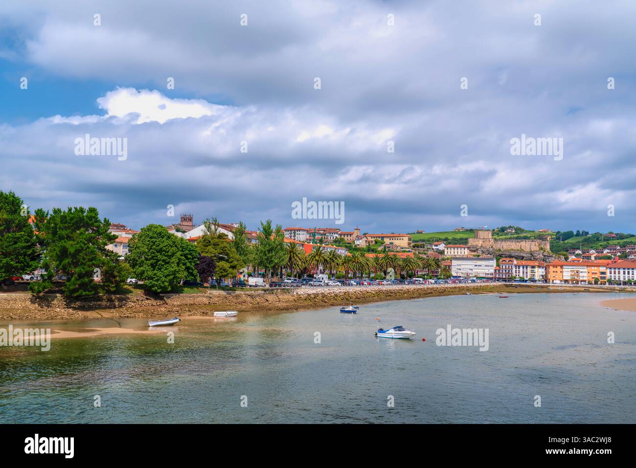 Palme e barche città San Vicente de la Barquera Cantabria nord Spagna Foto Stock