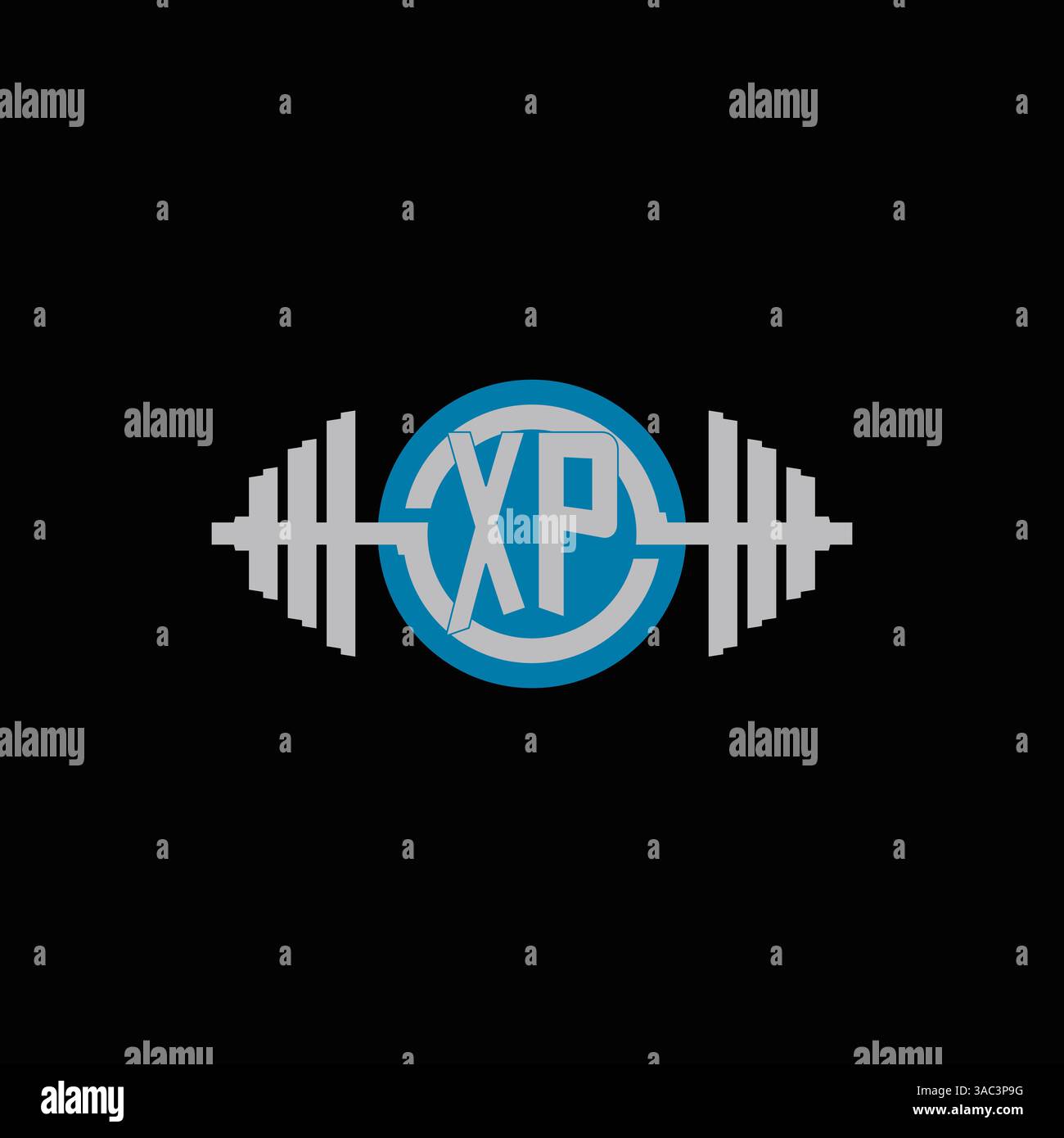 Design iniziale del logo XP con grafica vettoriale con icona a forma di manichino geometrica e cerchio Illustrazione Vettoriale