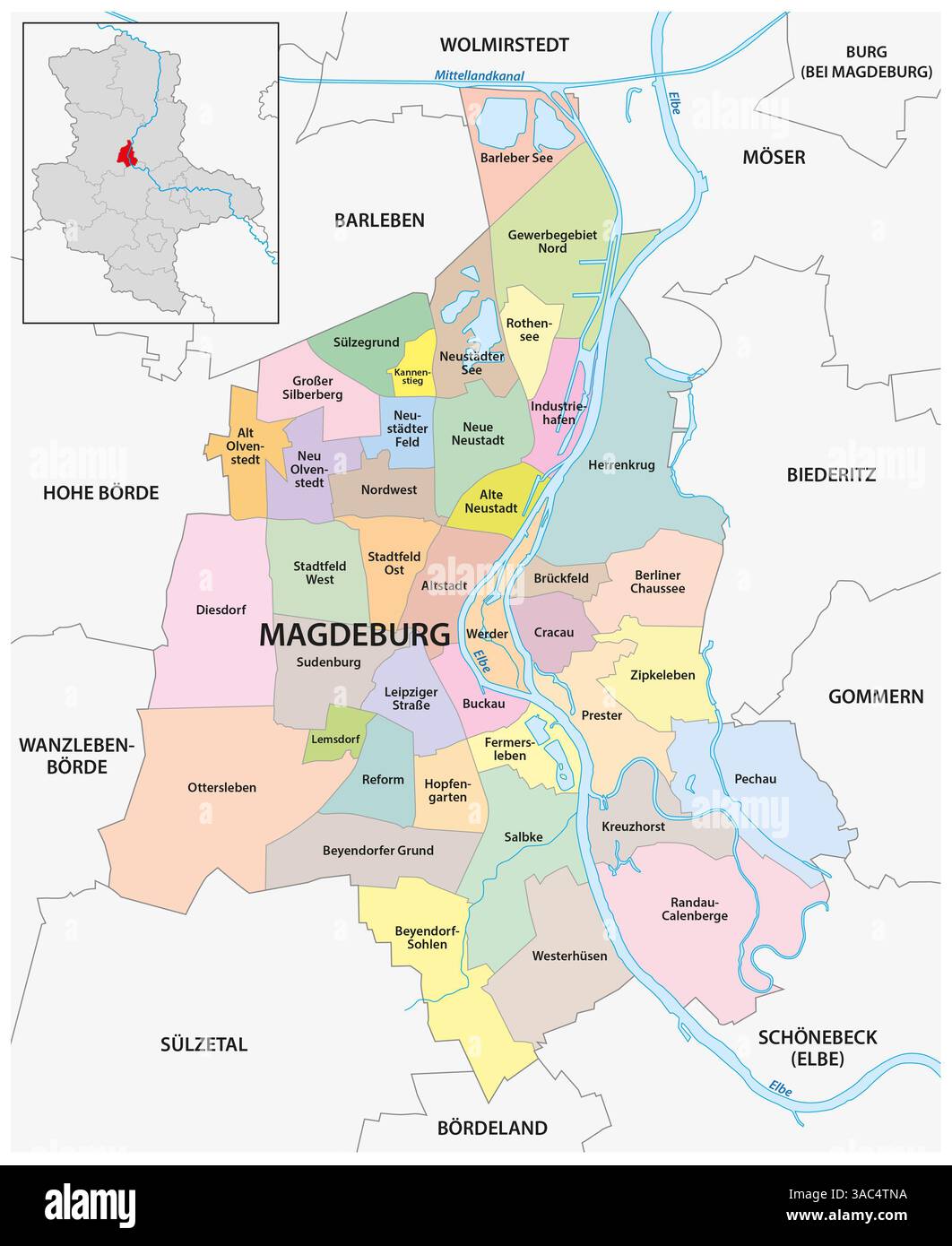Mappa amministrativa della città di Magdeburgo, Sassonia-Anhalt, Germania Foto Stock