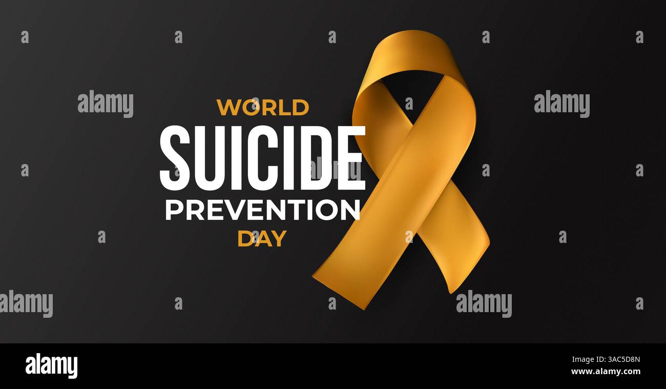 Nastro arancione con titolo World Suicide Prevention Day su sfondo nero. Chiamata emotiva per la salute mentale, speranza, supporto. Vettore 3D lucido realistico Illustrazione Vettoriale