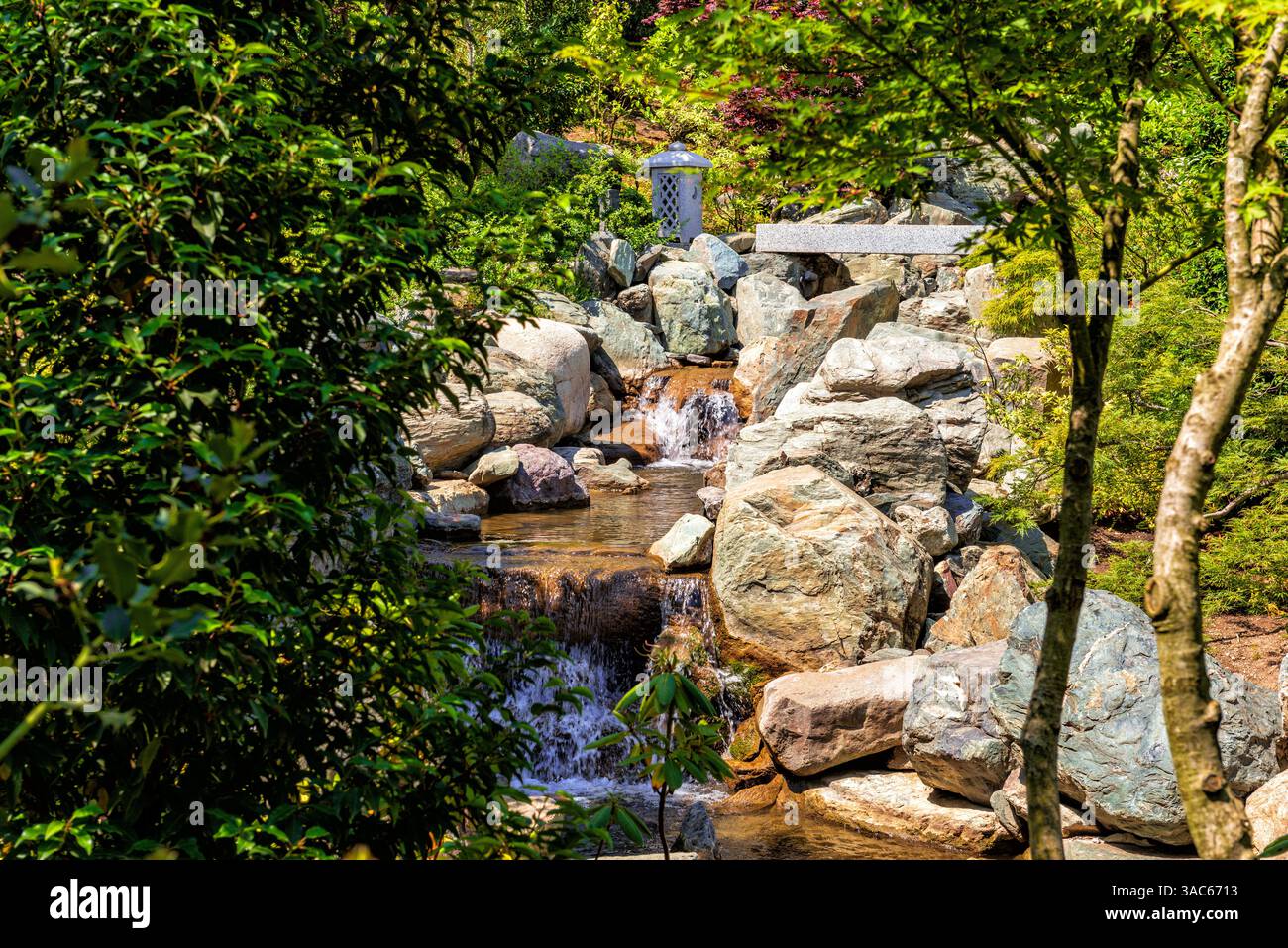 Un tranquillo e bellissimo paesaggio di un parco pubblico gratuito della città con un ruscello che scorre. Foto Stock