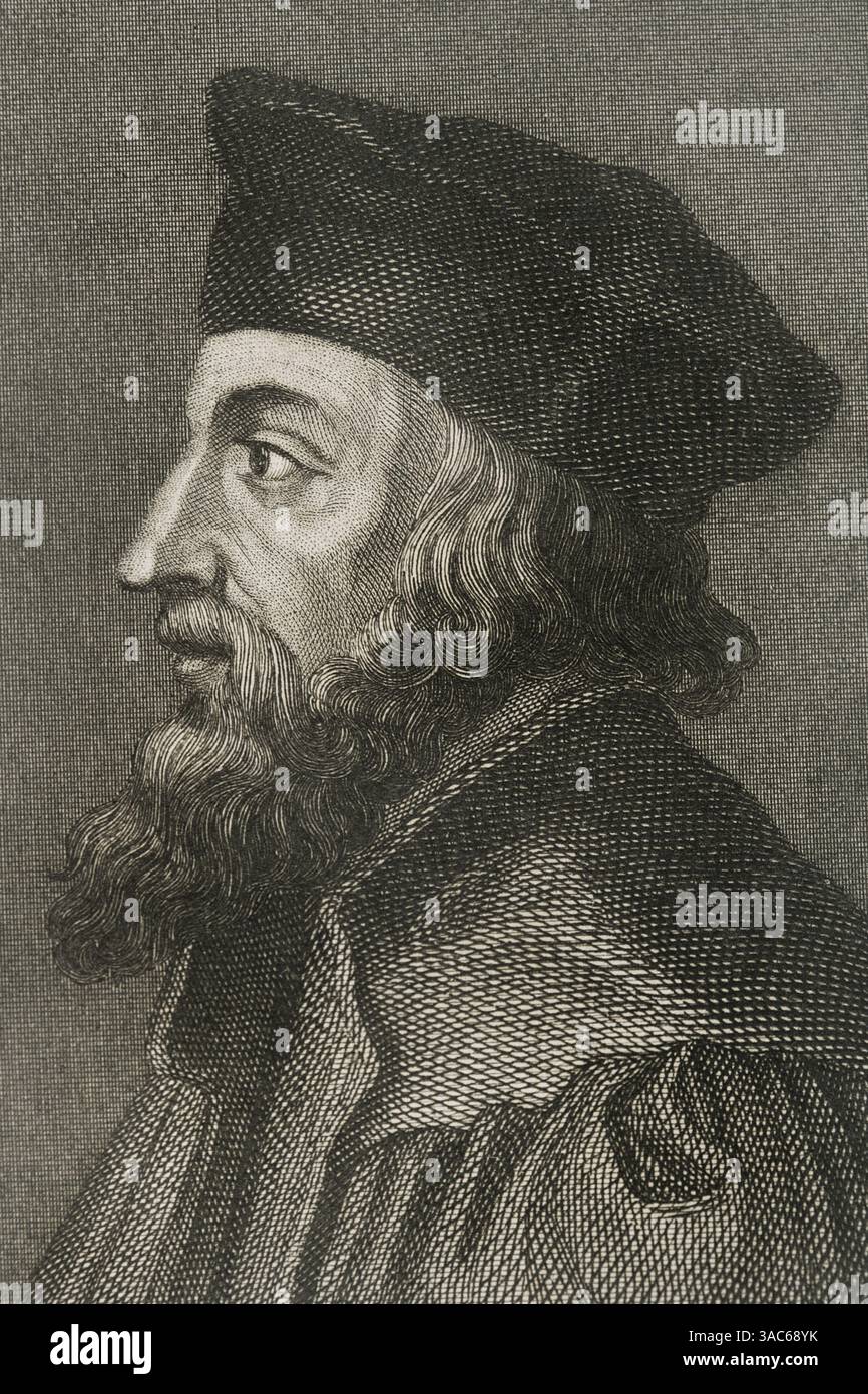 Jan Hus (1369-1415). Teologo e filosofo ceco. Il riformatore scomunicò nel 1410 per aver propagato le dottrine di Wycliffe. Nel 1414 partecipò al Concilio di Costanza, dove fu processato e condannato al rogo come eretico. Questo scatenò la rivolta hussita (1419-1434), antecedente alle guerre di religione. Verticale. Incisione di A. Roca. Dettagli. Historia de las persecuciones políticas y religiosas en Europa (storia delle persecuzioni politiche e religiose in Europa). Volume I. pubblicato a Barcellona, 1863. Foto Stock