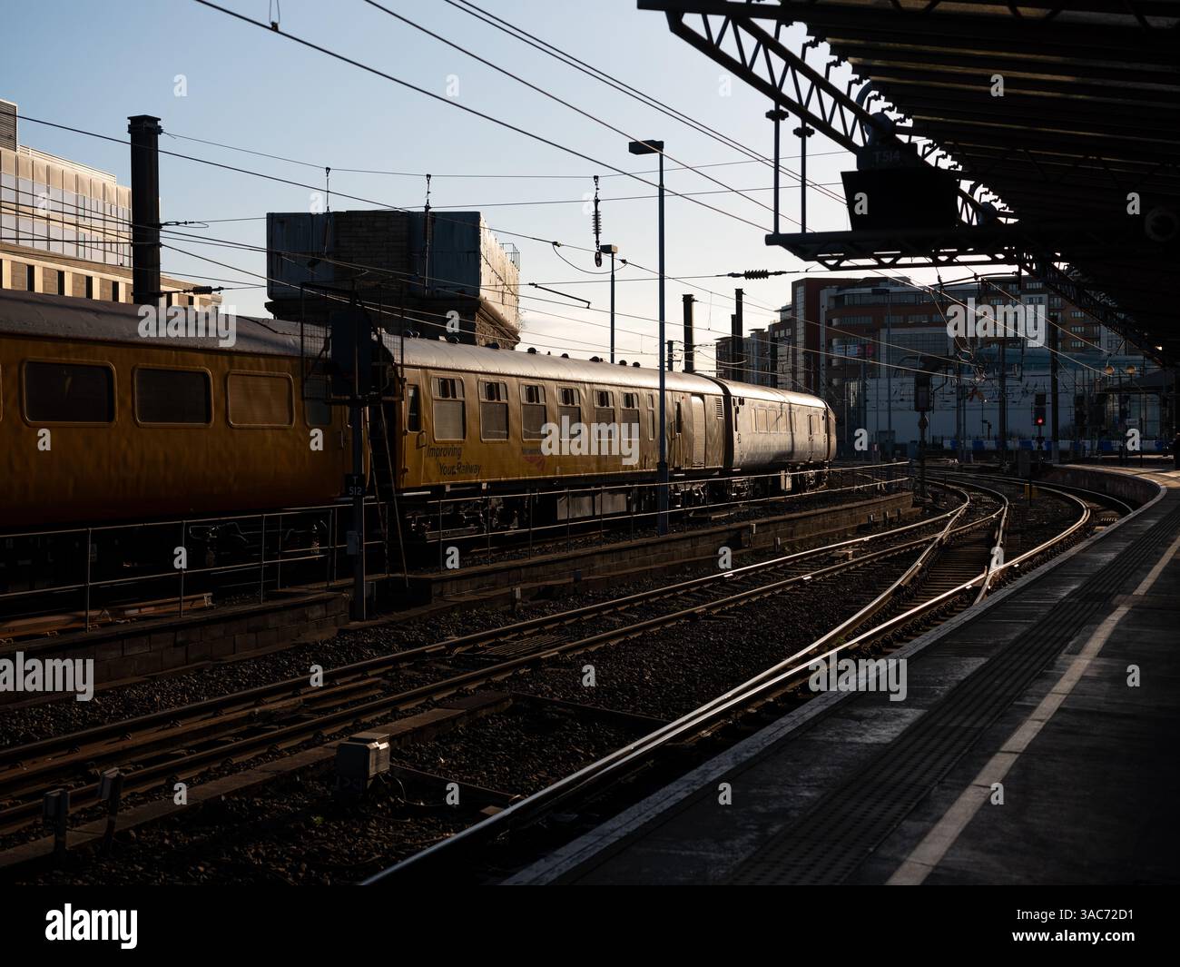 Treni locomotive dipinte con la classica livrea della British Rail su una piattaforma della stazione centrale di Newcastle upon Tyne nel nord-est dell'Inghilterra. Foto Stock