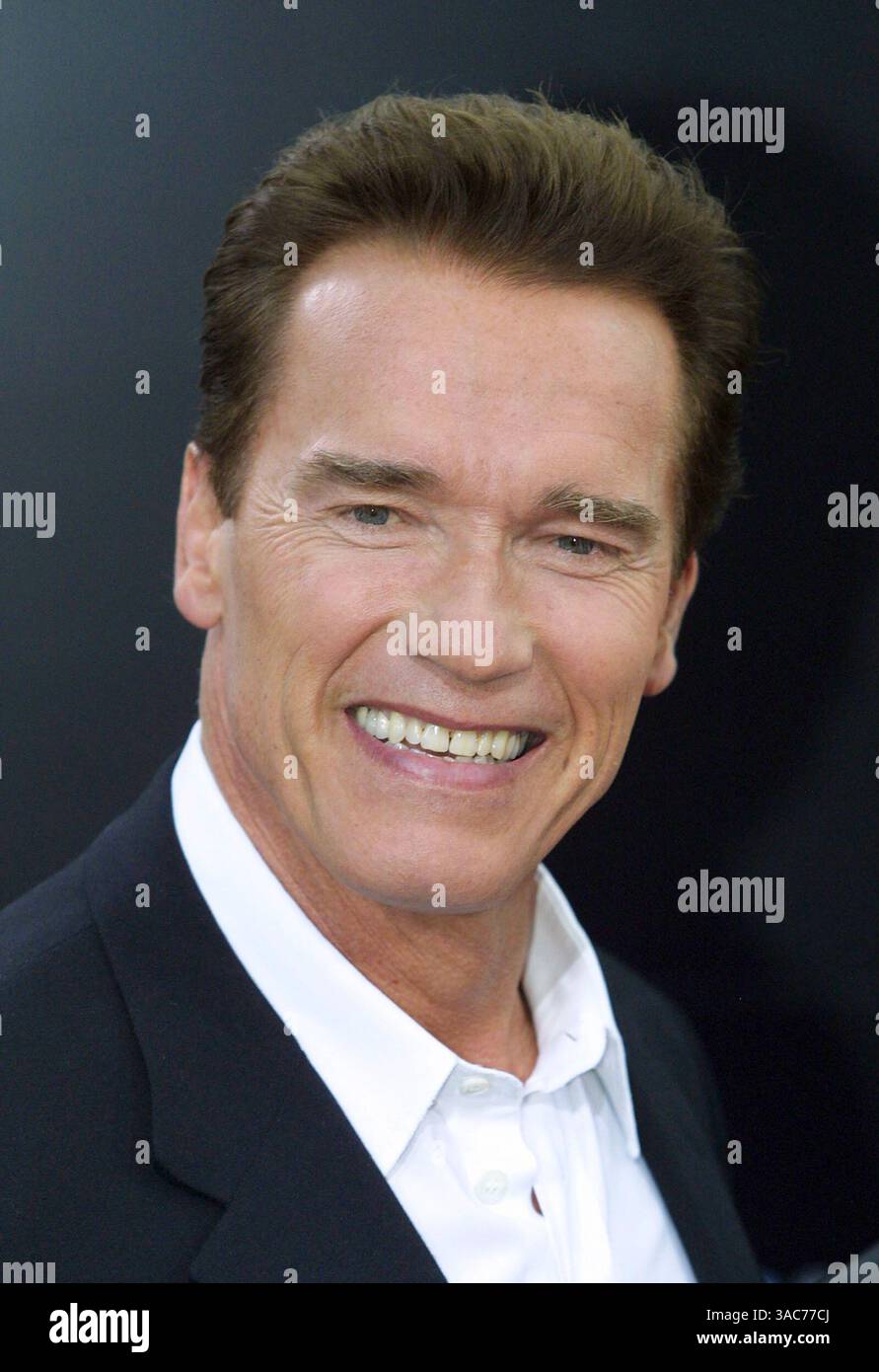 14 luglio 2003 - Berlino, GERMANIA - ARNOLD SCHWARZENEGGER durante una conferenza stampa in occasione del comunicato europeo "Terminator 3 - Rise of the Machines". Un bodybuilder austriaco-americano, attore e politico americano, ARNOLD SCHWARZENEGGER, attualmente in carica come 38° Governatore della California, iniziò la sua carriera di bodybuilding negli Stati Uniti dopo aver vinto il titolo di Mr. Olympia. Poco dopo, 'The Austrian Oak' iniziò a recitare, giocando in successi come Conan the Barbarian, Terminator o Twins. (Immagine di credito: © Keystone Pressedienst/ZUMA Press) Foto Stock