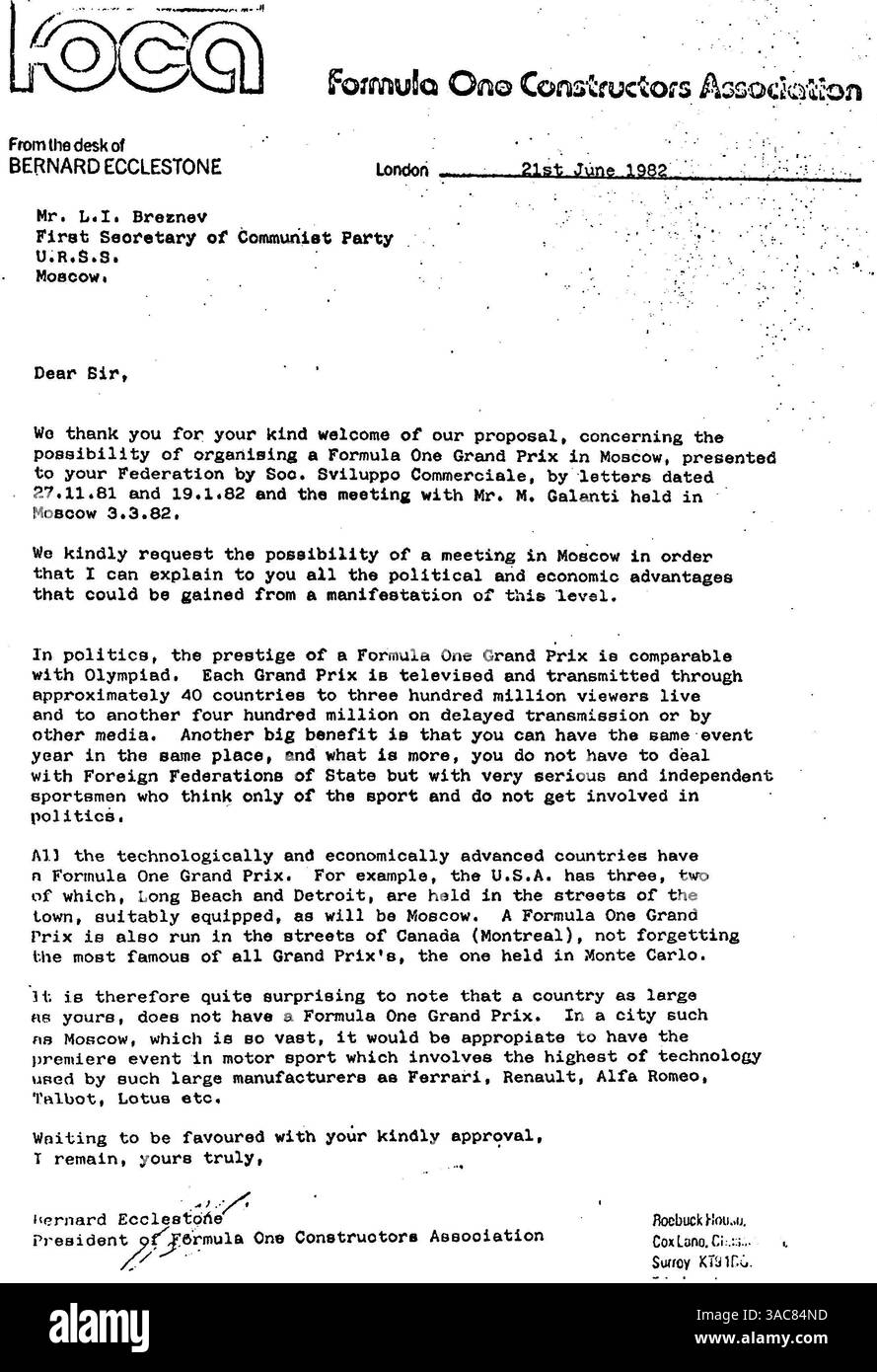 Primo avvicinamento da Bernie Ecclestone (GBR) F1 Supremo e foca nel 1982 alla possibilità di tenere un Gran Premio di Russia...promozione Gran Premio di Russia, 2001 (immagine di credito: ©Sutton Motorsports/ZUMA Press) Foto Stock