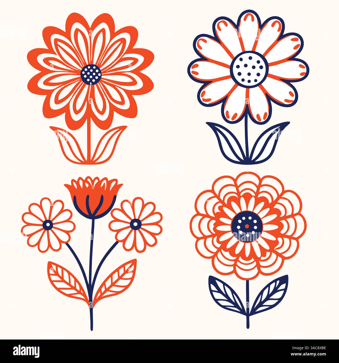 Una collezione di quattro illustrazioni floreali stilizzate in arancione e blu navy. Il set presenta due grandi fiori con intricati petali. Illustrazione Vettoriale