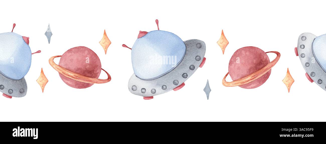 Bordo trasparente con navicella UFO in colore grigio e blu isolato su sfondo bianco. Illustrazione acquerello spazio cosmico per bambini Foto Stock