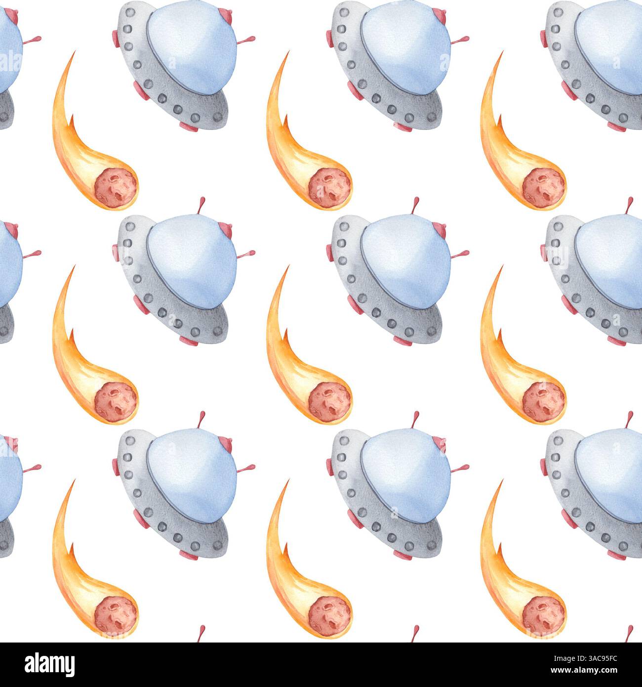 Motivo acquerello senza cuciture con navicella UFO in tonalità grigio e blu e cometa su sfondo bianco. Illustrazione acquerello spazio cosmico per bambini Foto Stock