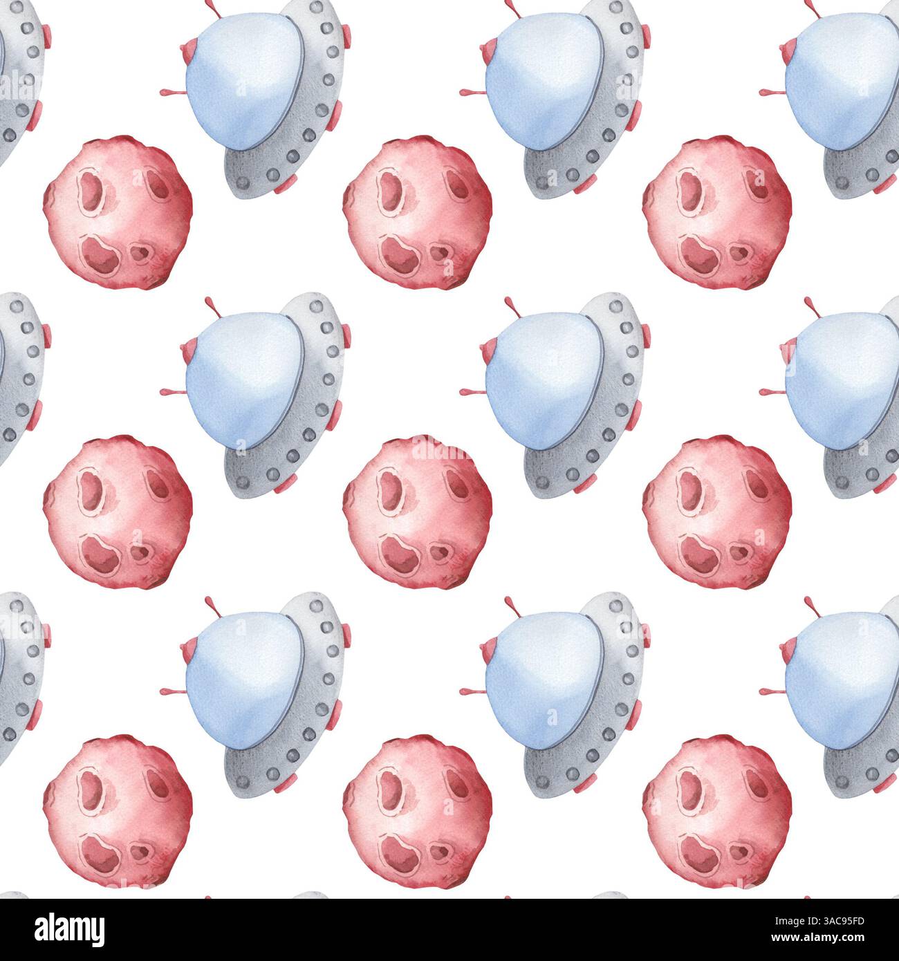 Motivo acquerello senza cuciture con navicella UFO in tonalità grigio e blu e cometa su sfondo bianco. Illustrazione acquerello spazio cosmico per bambini Foto Stock