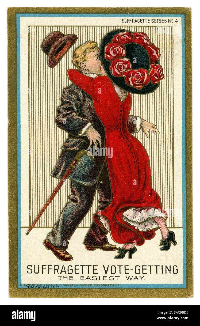 Originale postcrard americano anti-suffragette, 'Vote Getting the Easy Way' pubblicato nel 1909 da Dunston-Weiler Lithograph Co, Suffragette serie n. 4. Datato / pubblicato il 10 ottobre 1910 da St Maries Idaho, Stati Uniti. Foto Stock
