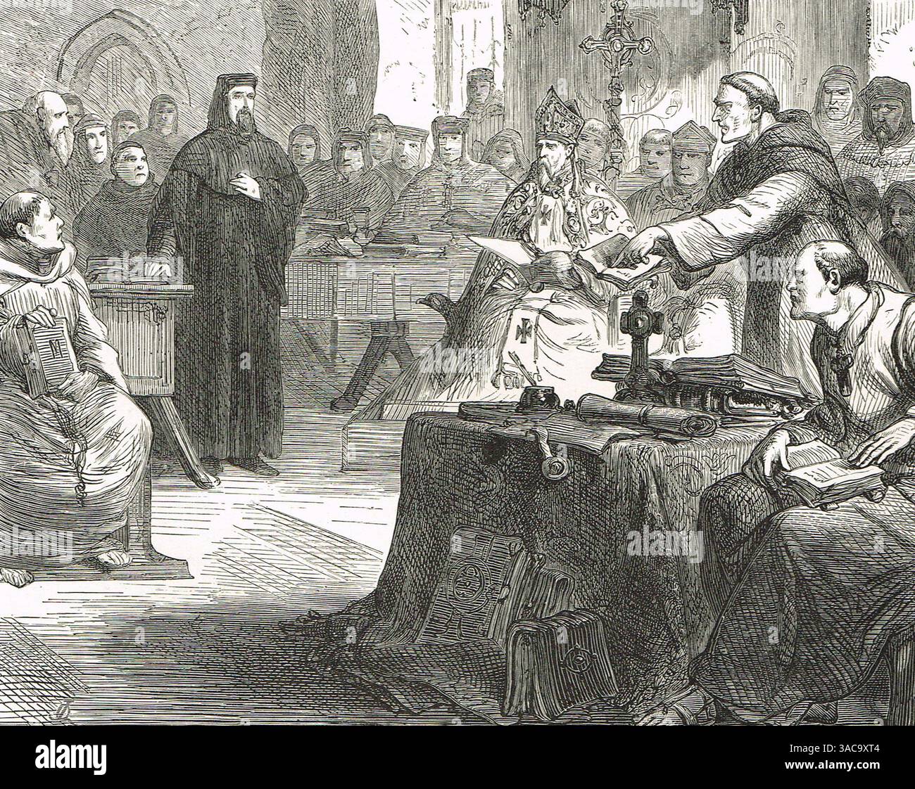 John Wycliffe sotto processo per eresia al Sinodo terremoto del 21 maggio 1382, Blackfriars, Londra, Inghilterra. Foto Stock