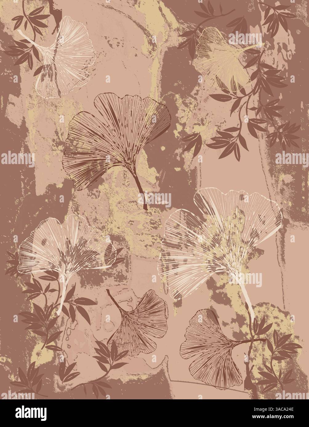 Sfondo astratto, illustrazione con Ginkgo e foglie di bambù in Mocha Mousse 2025 Color of the Year Vector Illustrazione Vettoriale