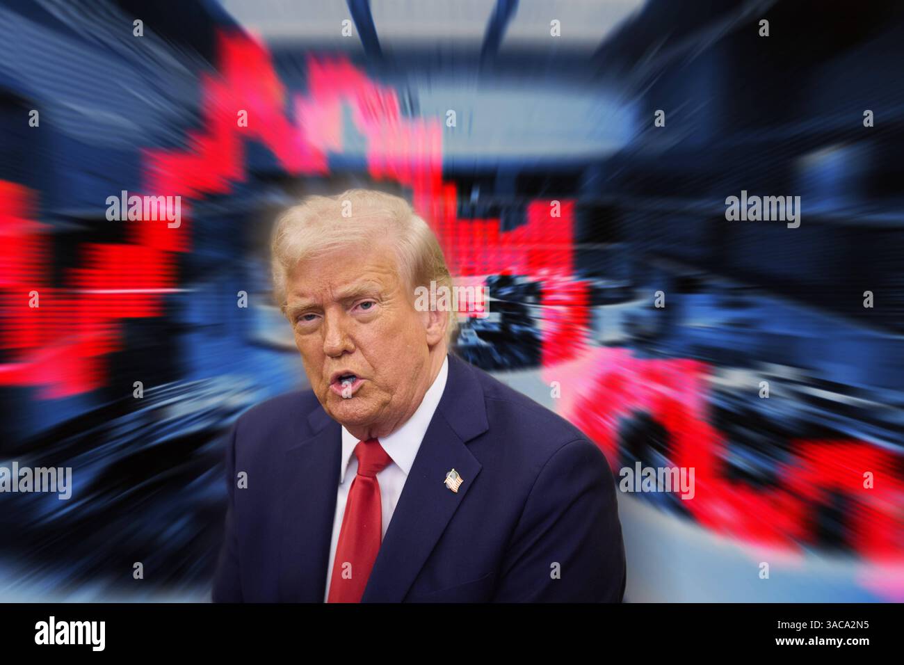 FOTOMONTAGE: Panik an den Boersen. Nach den Zollankuendigunegn von US Praesdient Donald TRUMP brechen die Boersen weltweit ein. Kursrutsche, Abstuerze auf Breiter Front. Carta Dax, Handelssaal der Frankfurter Wertpapierboerse, Broker, Anzeigentafel, Computerhandel, Aktienhaendler, Uebersicht, Aktienkurse, Dax, Allgemein, caratteristica, Randmotiv, *** FOTOMONTAGE Panic on the Stock Exchange dopo gli annunci tariffari del presidente degli Stati Uniti Donald TRUMP, le borse di tutto il mondo crollano i prezzi, crollano su tutta la linea Dax Chart, sala di negoziazione della Borsa di Francoforte, broker, dis Foto Stock