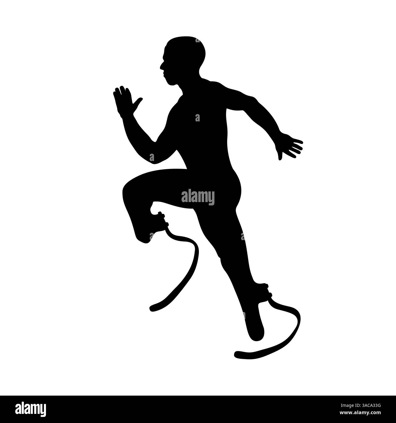 atleta runner con due gambe protesiche, silhouette nera su sfondo bianco Foto Stock