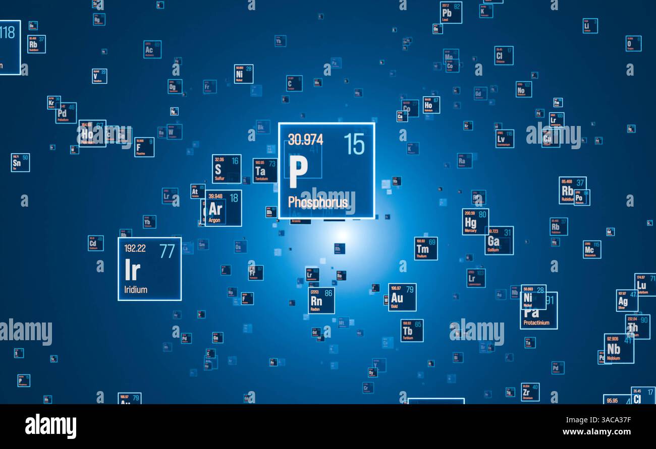 Argon, fosforo, iridio, tavola periodica degli elementi. Argon, fosforo, iridio, tavola periodica degli elementi. Sistema, materiale, sostanza chimica, peso atomico, materiale, scienza, istruzione. Animazione 3D img science010s02 Periodic table elements floating Foto Stock