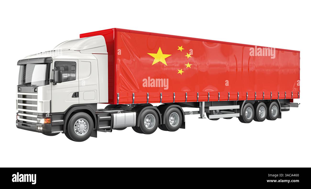 Veicolo semirimorchio bianco con bandiera cinese isolato 3d. Foto Stock