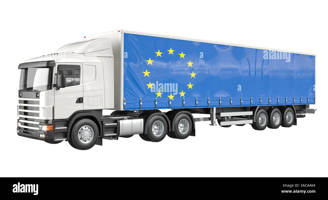 Semi Truck bianco bandiera unione europea sfondo trasparente 3d. Foto Stock